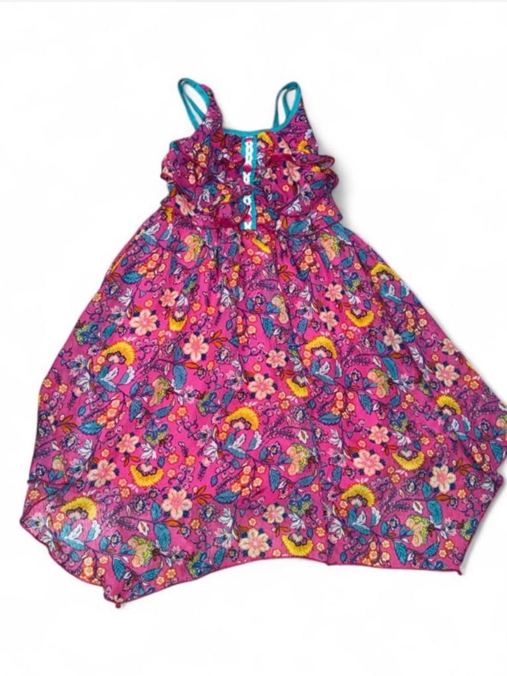 Jona Michelle Hot Pink Floral Ruffle Sundress with Teal Straps